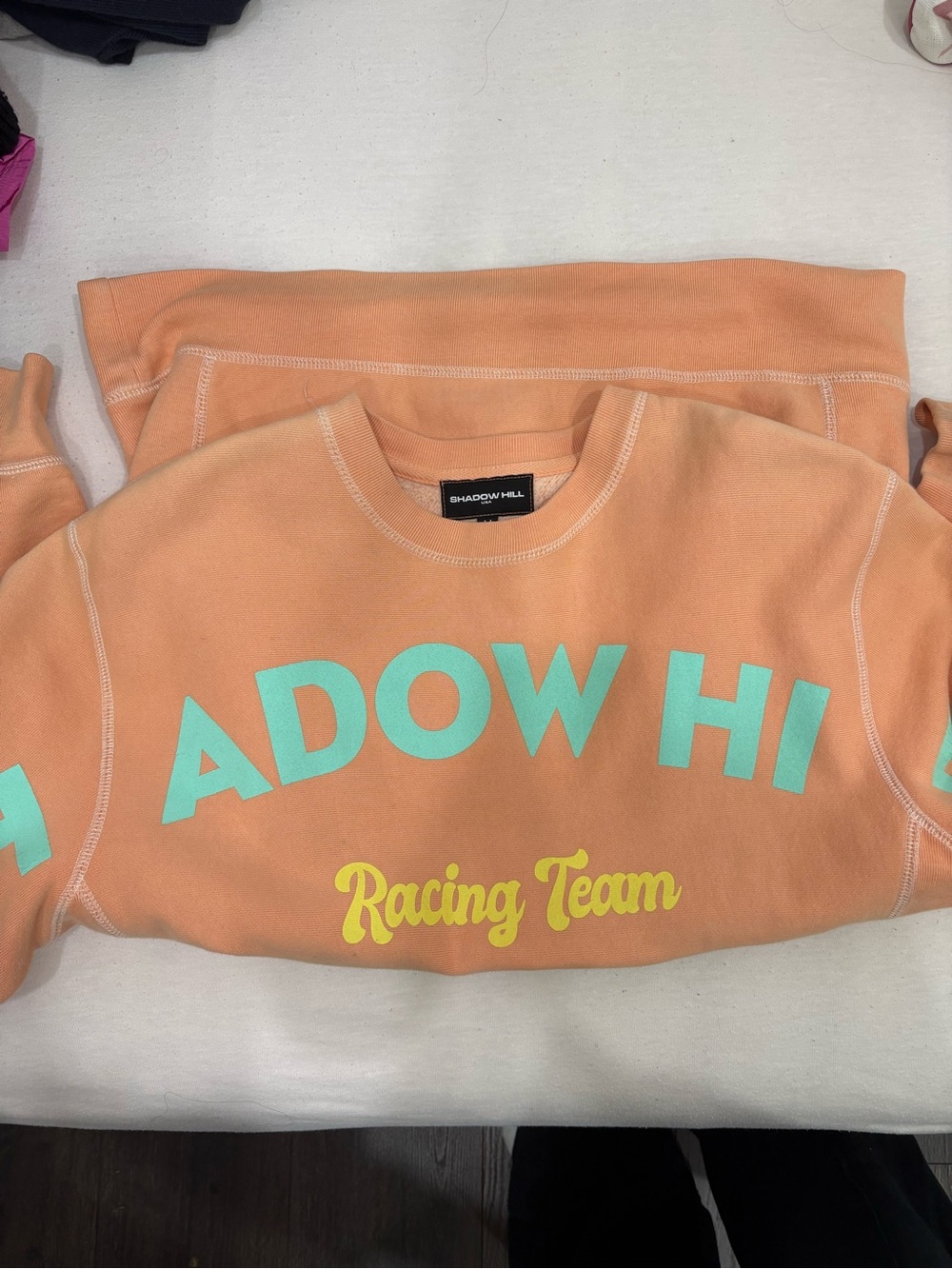 Shadow Hill Peach Crewneck Sweatshirt with Aqua and Yellow Graphics